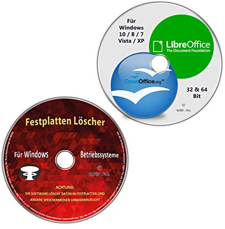 OpenOffice & LibreOffice, vorlagen & Softwarepaket + Festplatten Löscher & Formatiere, Datenvernichter, Sichere Datenlöschung für Windows 10 / 8 / 7 / Vista / XP (32 & 64 Bit) (2 CD/DVD Spar-Set)