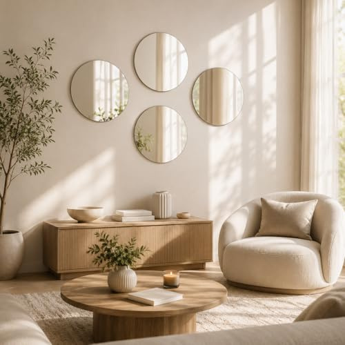 4er Set Klebespiegel Rund Ø 15 cm aus Glas – Selbstklebende Spiegelfliesen mit 16 Klebestreifen Wandspiegel ohne Bohren, Spiegel Fliesen für Bad, Schlafzimmer, Flur & Wohnzimmer Fliesenspiegel