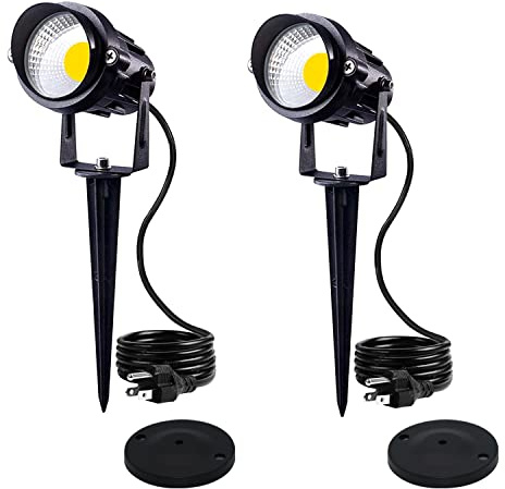 HANNAHONG 5W AC120V Landscape Up Down Spot-Light with Spiked Stand and Base,Warm White LED for Lawn Garden,Yard Step Wall Outdoor Lighting Lamp,5 Ft Cable with Plug,Waterproof (2 Pack)