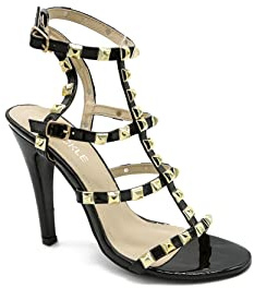 Bismaa Womens High Heel Fashion Court Rivet Sandals Studded Ladies Ankle Strap Strappy Stiletto Heels Shoes (Black Patent, numeric_7)