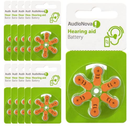 AudioNova - Hearing Aid Batteries Size 13 (PR48) | Mercury Free, Zinc Air, 1.45V | Lot of 60 AudioNova 13 Batteries for Hearing Aid | Battery pack of 10x6 | Hearing Aid Accessories | Color Code Orange