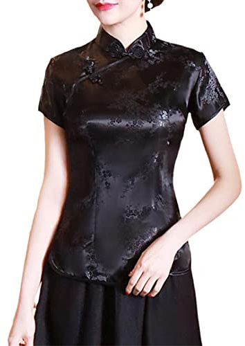 Blusa de Flores Chinas Tradicionales para Mujer, Blusa Qipao de Manga Corta, Tops de Manga Corta de Verano Black Flower XL