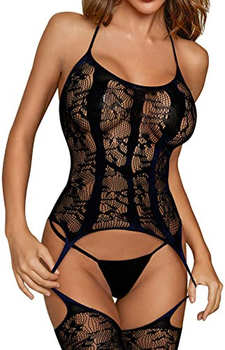 UMIPUBO Damunderkläder Sexiga Underkläder Spets Topp med nackband Babydoll En del Transparent Nattlinne Strumpeband Damunderkläder Pyjamas förutom stringtrosa, one size