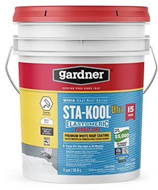 Gardner-Gibson Sta-Kool 15-Year Turbo-Dri Elastomeric Roof Coating, White, 5 Gal., Flexible White Acrylic Roof Coating, Reflective Finish Keeps Cool, Great for RV