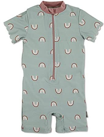 Sterntaler Schwimmanzug Regenbogen – UV-Schutz 50+ Einteiler Mädchen mit kurzem Arm – Badeanzug mit Regenbogenmuster, Kinnschutz & Windeleinsatz bis Größe 86/92 – steingrün, Größe 92