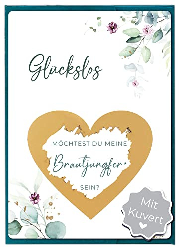 Joli Coon Rubbelkarte Brautjungfer fragen, mit Kuvert | 350g Designerpapier, fühlbare UV-Lack-Veredelung, grünes Steckkuvert mit goldenem Herz, für eine besondere Hochzeitsfrage