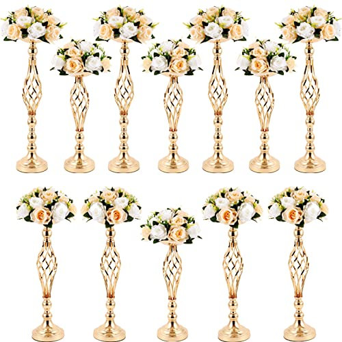 12 Stück Hochzeit Blumenständer Hochzeit Tafelaufsätze für Empfang Tisch Hohe Metall Blumenarrangement Blumenvase Twist Kerzenhalter Ständer für Hochzeit Straße Führung Tischdekoration 3 Größen (Gold)
