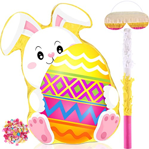 Harrycle Bunny Easter Egg Piñata with Blindfold, Bat and Filler, Funny Cute Bunny Party Favors for Cute Bunny Easter Egg Theme Kids and Adults Party Supplies Decoration (Cute)