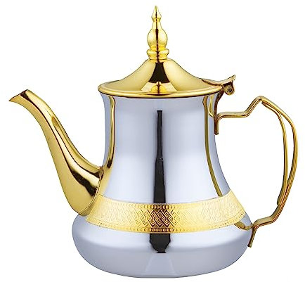 Théière arabe fabriquée en acier inoxydable avec filtre intégré authentique traditionnel, modèle gravé avec design classique arabe doré 1,2 l