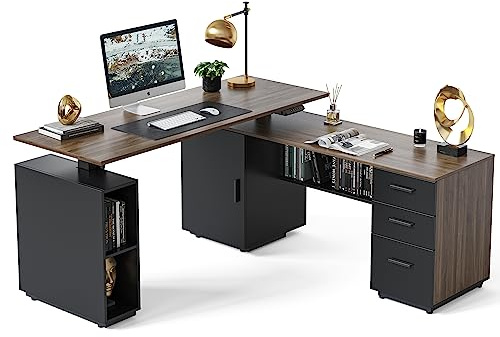 FEZIBO 160cm L-förmiger Führungskraft Stehschreibtisch mit 3-Schubladen-Aktenschrank, Elektrisch Höhenverstellbarer Stehpult für das Home Office, Computertisch, Dunkelbraun Tischplatte