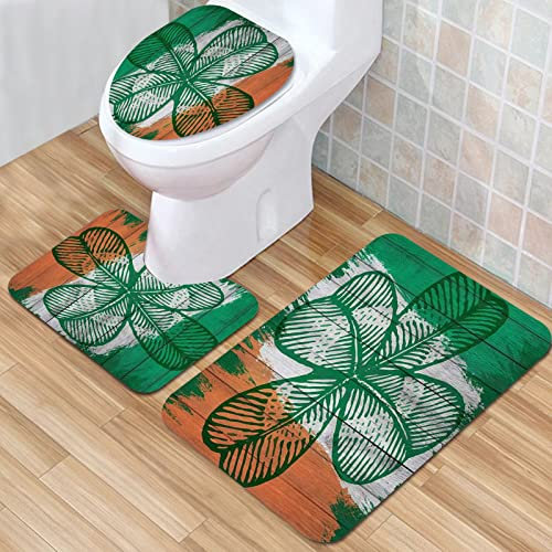 IUBBKI Badezimmermatte, rutschfeste Badematte, St. Patrick's Day, grünes Kleeblatt, imitiertes Holz, Graffiti, Badematten-Set, 3-teilig, saugfähig, rutschfest, Badematte, WC-Vorleger, Badteppich für