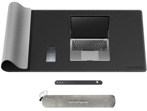 Chihein 120 x 50cm 3XL PU-Leder-Schreibtischunterlage (schwarz/grau), doppelseitige Mauspad, wasserdichte Computer-Schreibtischunterlage für Gaming, Büro, Zuhause