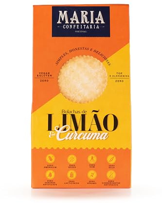 Biscotti al limone e zafferano, senza glutine, Maria Confeitária, confezione da 125 g, prodotti artigianalmente, ideali da accompagnare al tè, prodotto gourmet di origine portoghese.