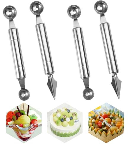 4 Piezas Herramienta de Tallado Frutas Melón Cuchara, Cortador Bola y Tallado, Bolas Corte Melón, Acero Inoxidable Frutas Doble Cara, Utensilios Cocina, Multifunción Cuchillo Conjunto Verduras Fruta