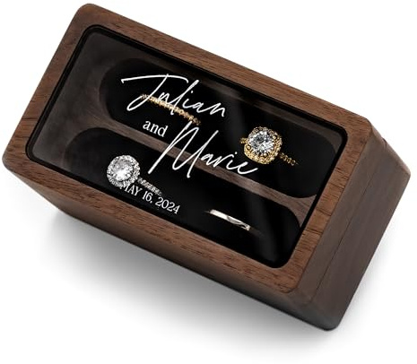 MUUJEE Quad Ring Box (Glass Lid Walnut Box) - Wedding Ceremony Ring Bearer Alternative, Engagement Proposal Rings Bedside Table Ring Storage (Custom Lid 1)