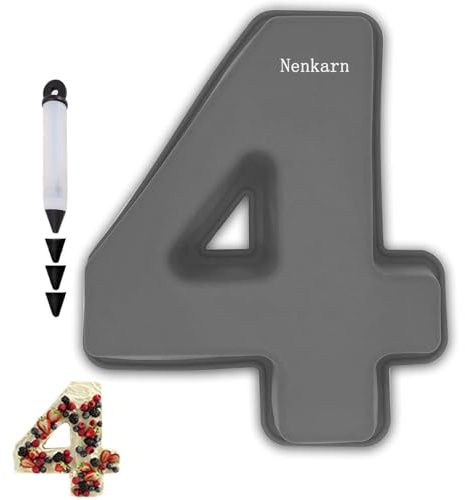 Nenkarn Silikon Backform Zahlen, Backform Zahl 4, Kuchenform Zahlen Groß 25cm, Number Cake mit Dekoration zum Backen, Geburtstag und Jahrestag, BPA frei, Anti-Stick