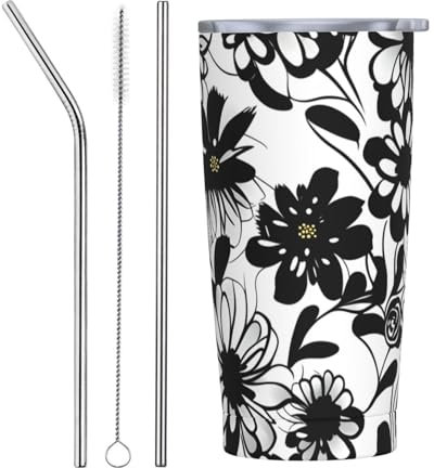 Bouteille isotherme en acier inoxydable à double paroi Motif fleurs noires et blanches 591 ml