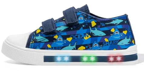 Boys Light Up Trainers Kids Summer Canvas Shoes Toddler Outdoor Indoor School Shoes with Hook and Loops Shark Size 7 UK Child