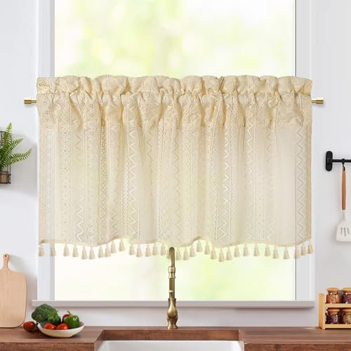 Scheibengardinen Küche Bohemien mit Quaste Boho Vorhang, Bistrogardine Beige Küchengardinen Landhausstil Gardinen für Wohnzimmer Landhaus Kleine Fenster 1 Stück B100xH40cm