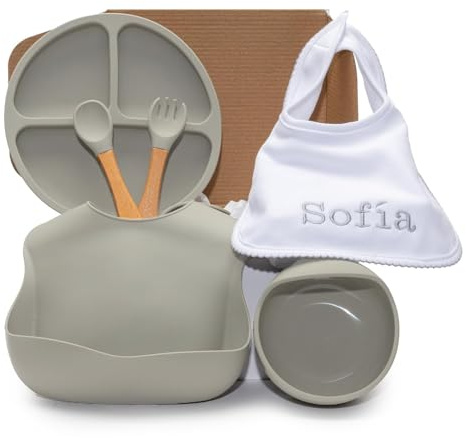 Regalo Ecológico Personalizado para Bebé | Set de Regalos para Niño/Niña | Vajilla de Silicona + Accesorios Personalizados (Gris | Vajilla + Babero) | BebeDeParis