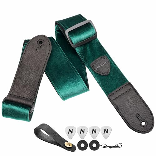 Nefelibata Guitar Strap,Double Full-Grain Leather Ends,Vintage Velvet Strap/FREE BONUS-4 Picks+Strap Locks+Strap Button,Gift For Bass,Electric&Acoustic Guitars(Vintage Christmas Green)