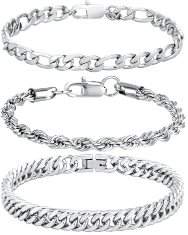 BMMYE 3PCS Mens Silver Bracelets for Men, Cuban Link Chain Figaro Rope Chain Bracelet for Men