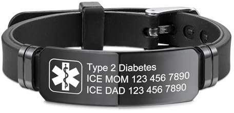 INBLUE Personalisierte Medizinische Alarm Armbänder für Männer Individuelle ID Armbänder Notfall ID Einstellbare Silikon Armband Armbänder mit Gravur Text ID Armbänder für Ältere - D1