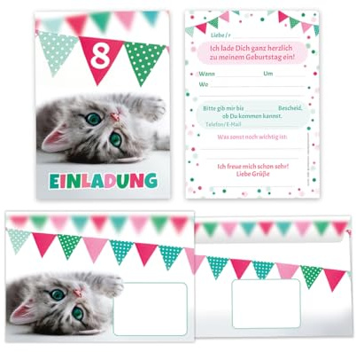 Minkocards 10 Einladungskarten incl. 10 Umschläge zum 8. Kindergeburtstag Mädchen Jungen Katze Einladungen achte Geburtstag Kinder Mädchengeburtstag Jungsgeburtstag