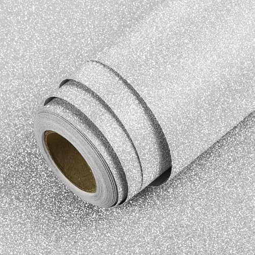 LACHEERY Papier Peint Gris Pailleté Papier Vinyl Adhesif Argenté pour Meuble Brillant 40cm x 200cm Vinyle Film Adhesif Argenté pour Meuble Cabinet Armoire Imperméable Stickers Porte Decoration DIY