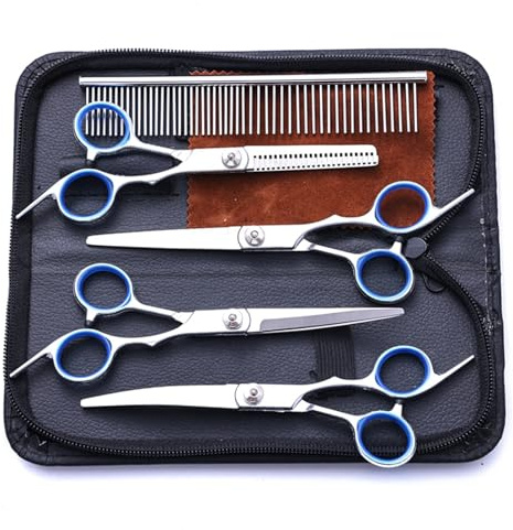 Jimkply Haustierfriseur-Set, Enthält 1 Kamm, 1 Tuch, 1 Ausdünnschere, 1 Gerade Schere, 2 Gebogene Scheren, Haustierhaarpflege, für langes Haar, kurzes Haar, Hunde, Katzen, Kaninchen