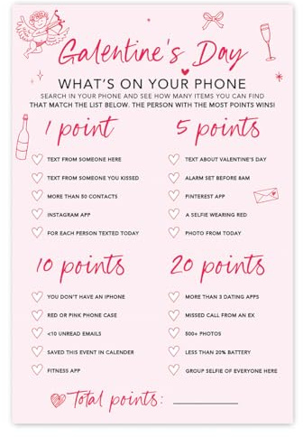 Andaz Press 4x6 Galentines Day Games For Women, Bows & Cupid Galentine's What's On Your Phone, Fun Galentines Activities, Brunch Drinking Games, Happy Galentines Day Party Game, Girls Night, 24-Pack