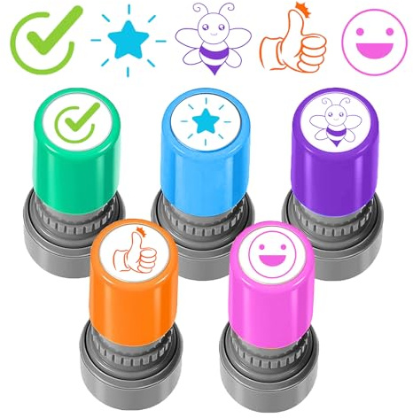 5 Stk. Selbstfärbende Lehrer Stempel, Bunte Cartoon Motivation Siegel Set | Lob Belohnung Ermutigung, Lehrerin Bewertung Stempeln, Schüler Hausaufgaben Stamper, Praktisches Schulbedarf Zubehör