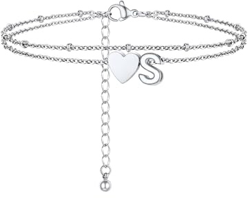 PROSTEEL Tobilleras Pulseras Mujer Plata Doble Capas con Corazón Inicial Letra A-Z Pulsera de Tobillo Acero Inoxidable Joyas de Mujer Chica para Verano Playa 22cm+5cm