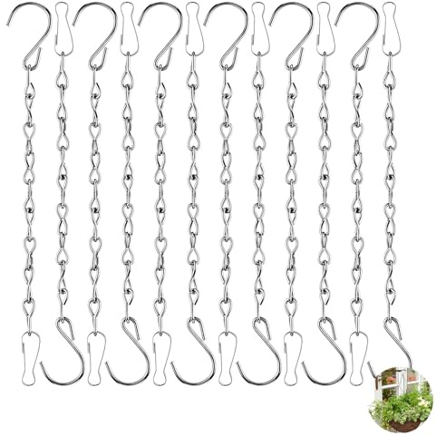 12pcs Silver Hanging Chains,25cm/10inch Hanging Basket Chains for Bird Feeders Garden Plant Hangers Metal Chain with Hooks Clips for Flower Baskets Wind Chimes Lanterns Planters Decorative Ornaments