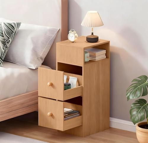Menaka Slim Bedside Table Wood Drawers Cabinet Nightstand, Small Side Table Narrow Sofa Bed Side Table with Drawer and Shelves for Bedroom Living Room (Oak#2)