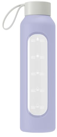 Wessper Botella de Cristal, Botella Agua Motivacional, con Marcas de Tiempo, Vidrio de borosilicato con Tapa de Bambú, Sin Fugas, para Deporte, Camping, para Niños y Adultos 0,5L – Violeta