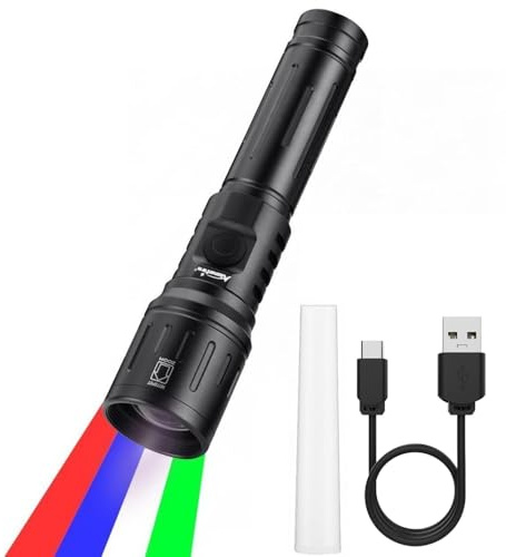 Alonefire X94 RGBW 4 Couleurs Multicolore LED Lampe Torche Rechargeable USB C Blanc Vert Lumière Bleue, Lampe de Poche Rouge Stroboscopique Zoom avec Batterie incluse pour Nuit, Animal, Astronomie