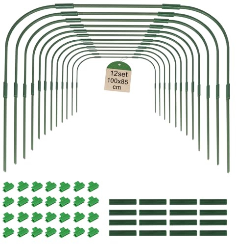 EXLECO 12Pcs Folientunnel Pflanzenschutz Set 95 * 100cm Gewächshaus mit Insektenschutznetz Halteclips, Metall Pflanztunnel Bögen für Hochbeet Abdeckung Frühbeet Tunnel für Garten Foliengewächshaus