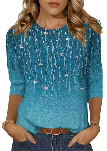 Zeagoo Ladies 3/4 Sleeve Tops Elegant Floral Blouses for Women Casual Crew Neck Shirts Teal XXL