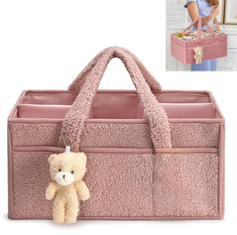 Rakiuty Organizador De PañAles Para BebéS,Grande Pañales Bolso Para Bebés para Bebes Recien,Fieltro Organizador Bebe con Asa,Baby Changing Basket with Compartments (Rosa)