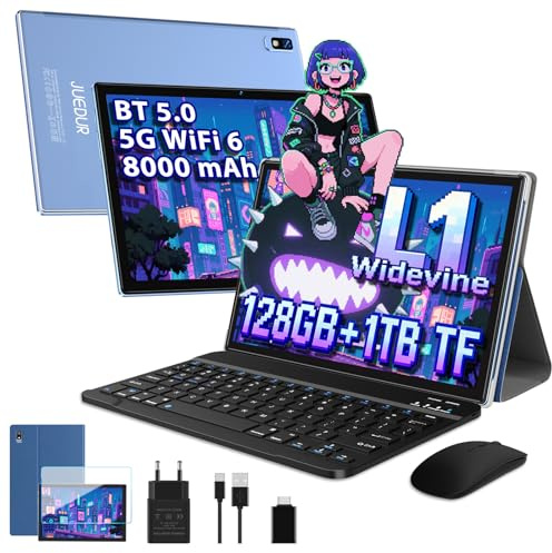 JUEDUR Tablet 10 Pulgadas Android, 22GB RAM+128GB ROM (TF 1TB), 8000mAh, Octa-Core 2.0 GHz, 5G+2.4G Dual Band WiFi 6, Widevine L1, GPS, Face ID, GMS, 5MP+8MP, BT5.0, Tablet con Teclado y Ratón - Azul