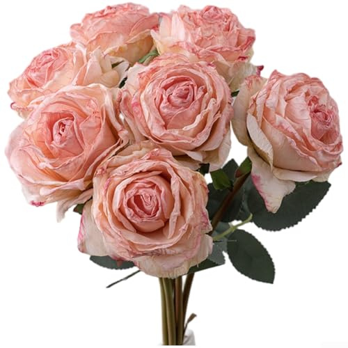 PureBowlic konstgjord rosbukett, verklighetstrogen bränd röd tygblommor för bröllop bordsuppsatser, dekor och fotografibakgrunder, realistiskt fuskblomsterarrangemang (ljusrosa)