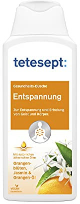 tetesept · Gel de ducha relajante · Para la relajación y la recuperación del cuerpo y la mente · Con ingredientes activos naturales: aceite de naranja, extracto de azahar y jazmín · Fragancia intensa