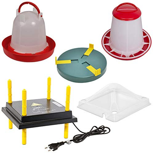 VOSS.farming Kükenaufzucht Komplettset für bis zu 20 Küken, 25x25cm Wärmeplatte mit stufenlosen Regler mit Abdeckung + Tränke + Futterautomat + Tränkenwärmer