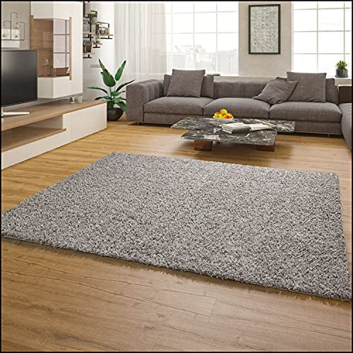 Paco Home Teppich Wohnzimmer Schlafzimmer Hochflor Shaggy Flokati Optik Einfarbiges Design Weich Flauschig Moderne Deko, Grösse:80x150 cm, Farbe:Grau