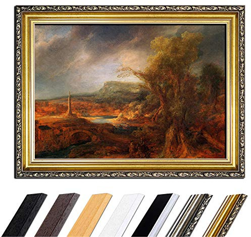 Bilderdepot24 Bild mit Rahmen - Rembrandt Landschaft mit Obelisk 110x85 cm - Gerahmtes Leinwandbild Alte Meister - Antiker Rahmen Gold Barock, Klassisch