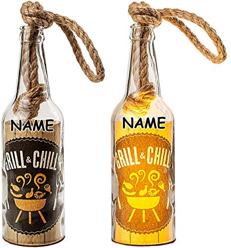 alles-meine.de GmbH Glas - Lichterflasche - 6 Stück LED Grill & Chill inkl. Name - LICHT Dekoflasche/Flasche/Bierflasche - 25 cm - Batterie betrieben - warmweiß - Flasche..