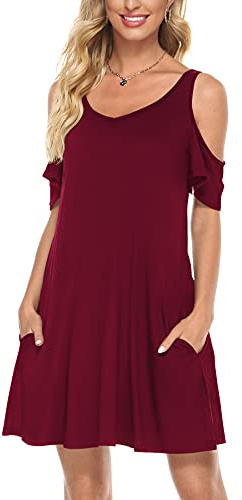 Florboom Skaterkleid Damen Kurzarm Tunika Kleider Schulterfreie Sexy Kleid V Ausschnitt Weinrot L