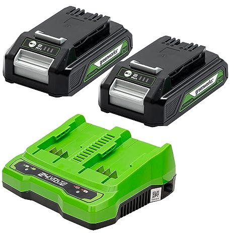 Greenworks 24V Akkus & Doppellader Akku Ladegerät - Zwei Original 2Ah leistungsstarke Lithium-Ionen Akkus & Batterieladegerät, geeignet für alle Greenworks 24V Garten- und Elektrowerkzeuge - GSK24B2X