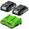 Greenworks 24V Batteries and Dual Slot Charger - Two 2Ah Powerful Lithium-Ion Batteries - Suitable for All 24V Garden and Power Tools - GSK24B2X